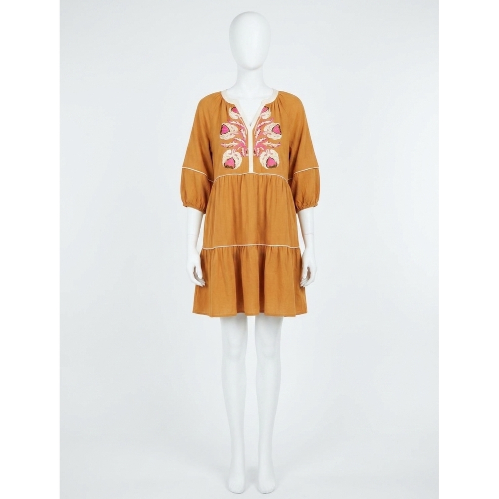 NEW ENTRO boston embroidered dress in warm mustard